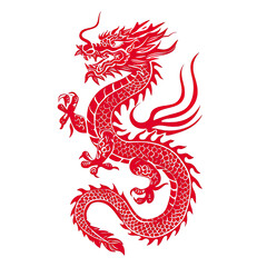 Silhouette in the shape of red animal designations Dragon, woodcut prints, cultural symbolism, China New Year celebration isolated PNG