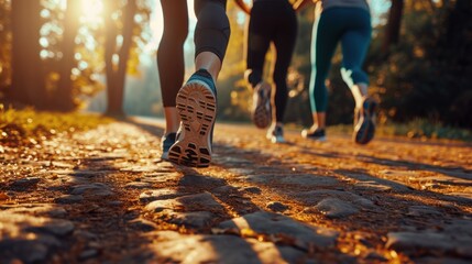 Group of young people in sportswear are running in the road.