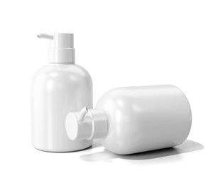 Blank White Cosmetic Plastic Spray Pump Shampoo Bottle Packaging Isolated On Transparent Background, Prepared For Mockup, 3D Render.