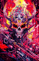 Intricately designed demonic skull mask illustration, colorful colors, Japanese culture, vivid illustration created by artificial intelligence, AI..