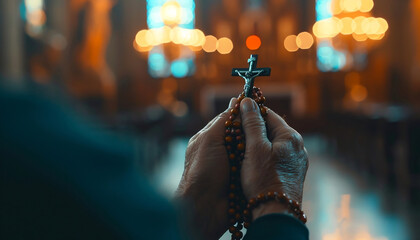 hands holding a rosary while praying - obrazy, fototapety, plakaty