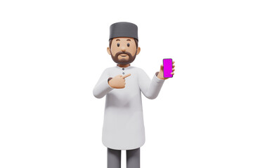 3d man holding a cellphone while interacting, expressing and smiling at the camera with a transparent background