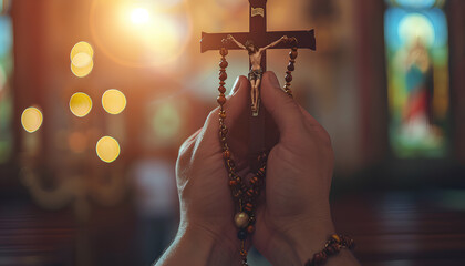 close up hands holding a rosary while praying in church