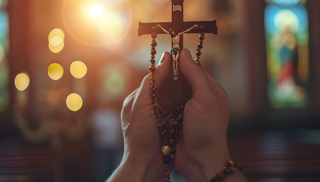 close up hands holding a rosary while praying in church