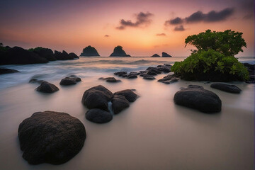 Fototapeta na wymiar view of sandy beach with rocks at the side of the island