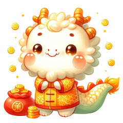 Naklejka premium A delightful illustration of a dragon mascot, dressed in traditional Chinese attire, celebrating the Lunar New Year.