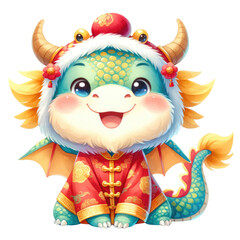 Naklejka premium A delightful illustration of a dragon mascot, dressed in traditional Chinese attire, celebrating the Lunar New Year.