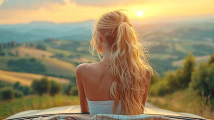 Poster Happy blond hair woman enjoying summer long road trip in Italy with beautiful landscape ,generative ai © Suralai