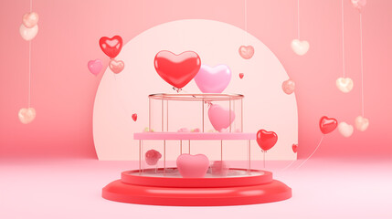 A minimalistic step podium cute display for Valentine’s day. Showcase for the presentation of natural products and cosmetics