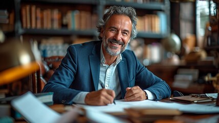 Obraz premium professional business man executive ceo manager, lawyer wearing suit sitting at desk signing law document writing signature making legal agreement corporate deal in office,generative ai
