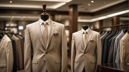 Sophisticated Mall Display: Beige Business Suit on Mannequin, Luxury Fashion