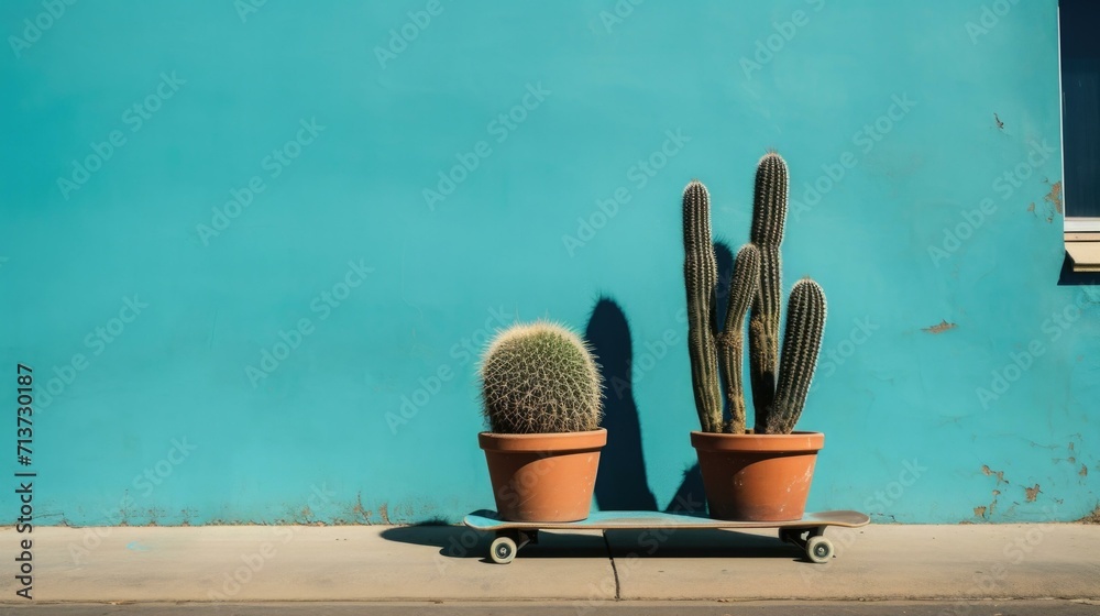 Wall mural Two cacti in a pot. Generative AI.