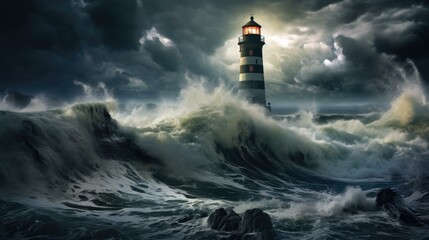 Fototapeta na wymiar A lighthouse in the middle of a stormy ocean. Generative AI.