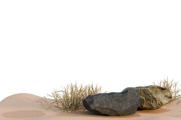 desert scene cut-out, rock and dry grass on transparent background