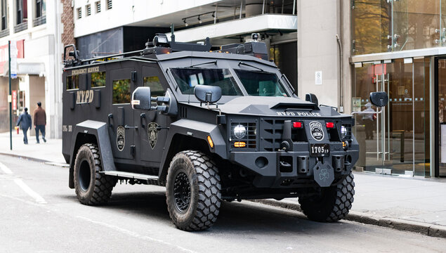 New York City, USA - November 11, 2023: Police emergency rescue vehicle NYPD Lenco BEARCAT G3 armored personnel carrier, front corner view
