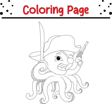 Funny pirate octopus coloring page for kids. Black and white vector animals for coloring book