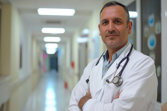 Portrait of confident male doctor with stethoscope standing in hospital corridor