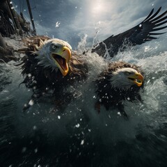 Angry eagles deep sea flying image Generative AI