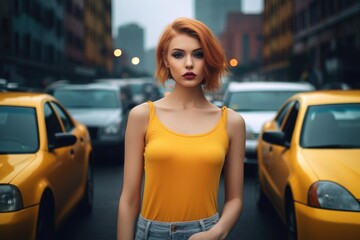 A red-haired woman with bright makeup stands in the middle of the roadway against the background of...