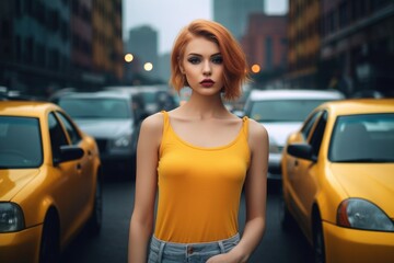 Obraz na płótnie Canvas A red-haired woman with bright makeup stands in the middle of the roadway against the background of a taxi