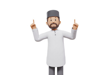 3d illustration of man muslim greeting, pointing and showing something at camera with transparent background