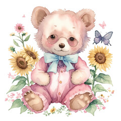 Watercolor cute easter bunny, eggs, teddy bear, elephant and flowers, butterflies on a white background, floral postcard animal