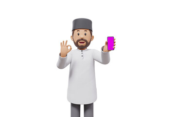 3d man holding a cellphone while interacting, expressing and smiling at the camera with a transparent background