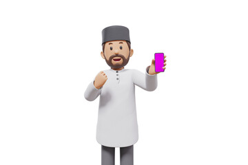 3d man holding a cellphone while interacting, expressing and smiling at the camera with a transparent background