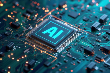 Fototapeta premium Artificial intelligence microchip. CPU central processor unit chipset. AI chipset on circuit board. AI in a modern GPU card. Future technology, neuronal network and AI concept