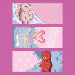Cute Valentine Card Teddy Bear Bunny Vector Illustration 