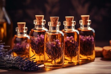 Obraz na płótnie Canvas Amber bottles of essential oils on wooden table with dried flax flowers and lavender strands. Generative AI
