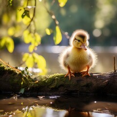 A small duckling sitting on a log in the water. Generative AI.