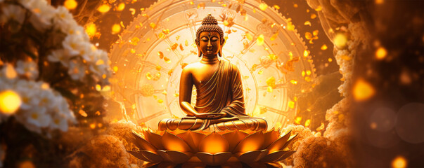 A golden Buddha statue sits in lotus pose, lit by candles and flowers, creating a warm, inviting glow against a backdrop of mystical smoke and flowers. Meditation and spiritual practices. Buddhism.