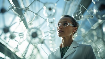 A woman in a lab coat looking up at a model of molecules. Generative AI.