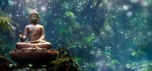 Buddha statue in deep meditation in a space forest, against ethereal background with star and nebula. Spiritual growth. Meditation and eastern spiritual practices. esoteric practices. Astral Travel - obrazy, fototapety, plakaty
