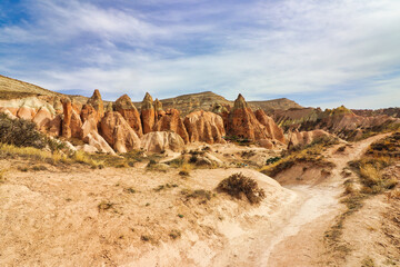 Unique rock and stone formations in the Red valley near  near Goreme,a UNESCO world heritage site situated in Nevsehir Province, in the Cappadocia Region, Central Anatolia,Turkey.