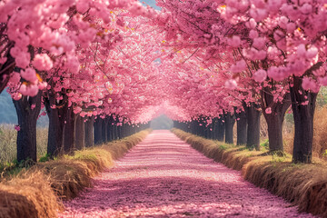 "Blossom Symphony: Sakura Cherry Blossoming Alley in a Scenic Park, Rows of Blooming Cherry Trees Creating a Pink Floral Wonderland in Spring"
