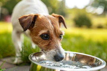 "Quenching Joy: Super Cute Pedigree Smooth Fox Terrier Delighting in a Refreshing Drink from His Outdoor Bowl, Having a Playful Day in the Sunny Backyard."
