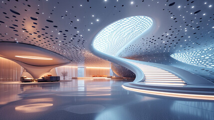 Design an image showcasing the lobby of a futuristic office building with avant-garde interior...