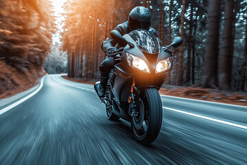 "Riding the Wind: Motorcycle Rider Speeding Down the Road with Dynamic Motion"