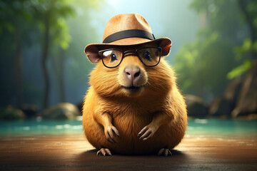 cute capybara with hat and glasses - obrazy, fototapety, plakaty