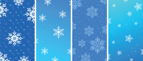 Set of blue winter backgrounds with white snowflakes, different patterns. Seasonal wallpaper designs, cold weather and snow themes vector illustration.