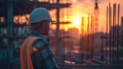 Obraz premium Engineer or Architect at Construction Site with Sunset or Sunrise Background. 3d image