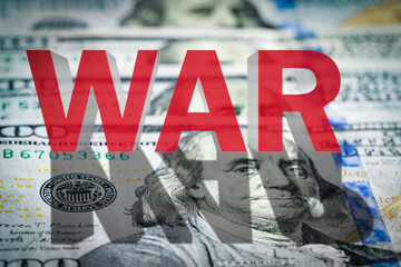  War text on the dollars banknotes background. The concept of war costs, military spending,...