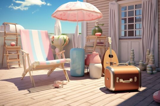 Summer vacation with ice cream stands, freezer, luggage, chair, shade, ball alone. Imaginative 3D depiction. Generative AI