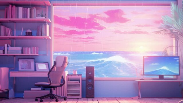 Living room lo-fi retro 80s and 90s background. Psychic Waves, nostalgia, vintage. Vaporwave, synthwave, chillwave. Wallpaper, template. Blurry pastel colors... Lofi desk window. Rain effect.