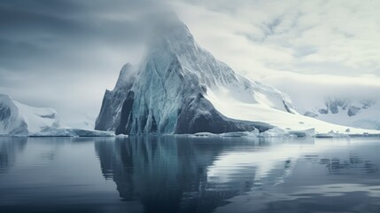 Icebergs in the ocean with mountains in the background