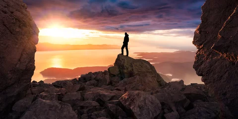 Foto op Plexiglas Adventure Man on top of Rocky Mountain Cliff. Mountain landscape from BC in Background. 3D © edb3_16