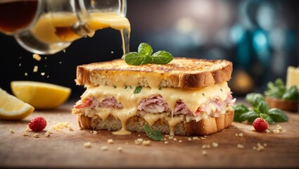 Italian sandwiches with layers of cured meats, salty cheese, tomato pesto, and juicy tomatoes on ciabatta bread - obrazy, fototapety, plakaty
