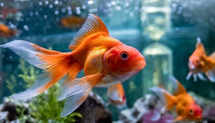 Fototapeta premium fish in aquarium.a visually stunning scene of brilliantly colored goldfish swimming gracefully in a pristine aquarium. Focus on the details of their scales and the clarity of the water, creating a tra